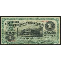 Lima, Peru, Compania de Obras Publicas, 1 sol, 4-7-1876, series A, serial 548895.