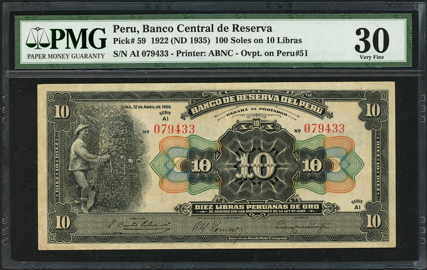 Lima Peru Banco Central 100 Soles 1935 Overprint On Banco De Reserva 10 Libras 12 4 1922 Se