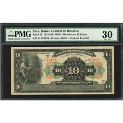 Lima, Peru, Banco Central, 100 soles, (1935) overprint on Banco de Reserva, 10 libras, 12-4-1922, se