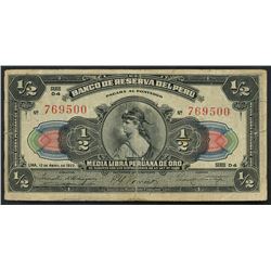 Lima, Peru, Banco Central, 5 soles, (1935) overprint on Banco de Reserva, 1/2 libra, 12-4-1922, seri