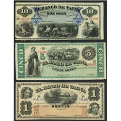 Lot of three Tacna, Peru, Banco de Tacna remainder notes, ca. 1872: 10, 5, and 1 soles.