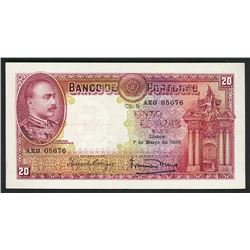 Lisboa, Portugal, Banco de Portugal, 20 escudos ouro, 7-3-1938, serial AKG 05676.