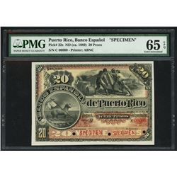 San Juan, Puerto Rico, Banco Espanol, 20 pesos specimen, ND (ca. 1889), series C, PMG Gem UNC 65 EPQ