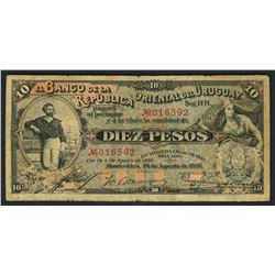 Montevideo, Uruguay, Banco de la Republica Oriental, 10 pesos, 24-8-1896, series BB, serial 016592.