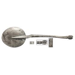 Spanish colonial silver spoon, probably 1550s to 1590, marked "Sevilla," hindsfoot-pattern handle, v