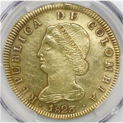 Bogota, Colombia, 8 escudos, 1823JF, PCGS AU details / tooled.