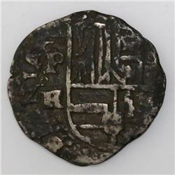 Potosi, Bolivia, cob 2 reales, Philip IV, assayer TR (ca. 1640), upper half of shield transposed (ra