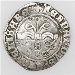 Seville, Spain, 1/2 real, Ferdinand-Isabel, mintmark S and * below yoke.