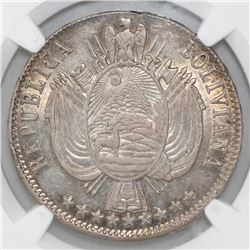 Potosi, Bolivia, 1 boliviano, 1865FP, NGC AU 58.