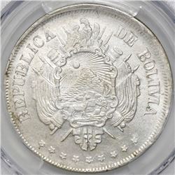 Potosi, Bolivia, 1 boliviano, 1871ER, nine stars, PCGS MS63.