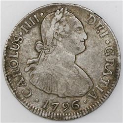 Santiago, Chile, bust 2 reales, Charles IV, 1796DA.