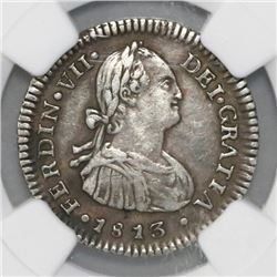 Santiago, Chile, bust 1 real, Ferdinand VII (bust of Charles IV), 1813FJ, NGC XF 40.