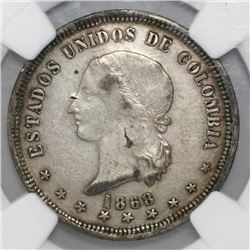 Bogota, Colombia, 5 decimos, 1868, NGC XF details / surface hairlines.