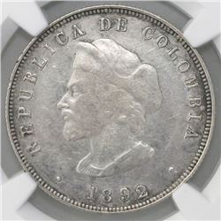 Bogota, Colombia, 50 centavos, 1892, Columbus, large bust (30.5 mm), cap points to left of "A," NGC 