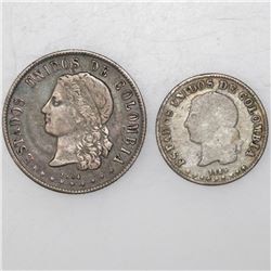 Lot of two Medellin, Colombia, 20 and 10 centavos, 1884 & 1885.