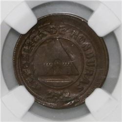 Honduras, 2 centavos, 1910, struck over a Honduras 1 centavo of 1908, NGC MS 63 BN.