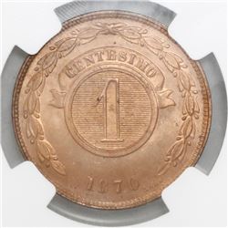 Paraguay, copper 1 centesimo, 1870-SHAW, NGC MS 65 RD, ex-Heaton Mint Archives (stated on labels).