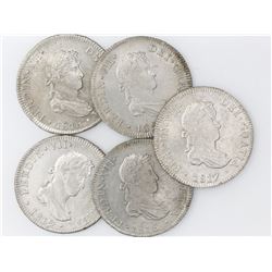 Lot of five Lima, Peru, bust 2 reales, Ferdinand VII, assayers JP, dates as follows: 1816, 1817, 181