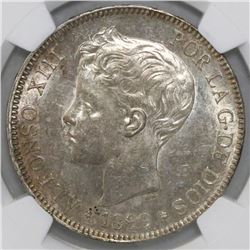Madrid, Spain, 5 pesetas, 1899SG-V, Alfonso XIII (adolescent bust), with 18-99 inside stars, NGC MS