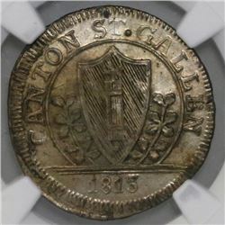Saint Gallen, Switzerland, 1 batzen, 1813K, NGC UNC details / environmental damage.