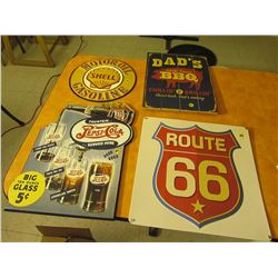 4 restaurant signs, 2 tin & 2 wood
