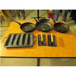 3 cast iron frying pans, corn press & presses