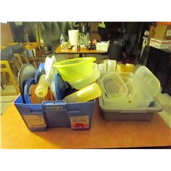 2 plastic tubs / plastic containers / lids & squeeze bottles