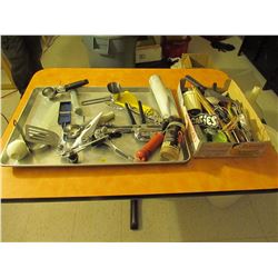 Assorted metal tray & box of utensils