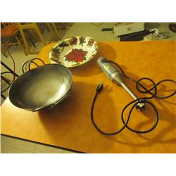 dish lot. Wok X2, Xmas bowl, electric commercial emulsion blender