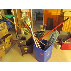 Mops and 2 industrial mop pails. Brooms with dust pans & assorted cleaning supplies