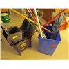 Image 2 : Mops and 2 industrial mop pails. Brooms with dust pans & assorted cleaning supplies