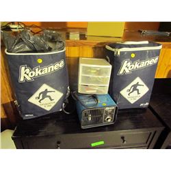 2 Misc Kokanee bags, electric deodorizer, car cleaning supplies