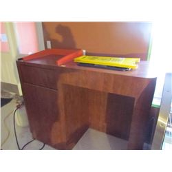 Large wooden garbage stand with tray holder and dish bin and wet floor sign