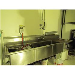 Stainless steel triple sink with attachments. 98 X 30 inch taps and sprayer and soap dispenser