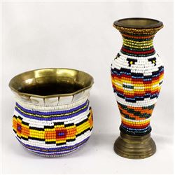 Beaded Brass Vase and Bowl by Kills Thunder