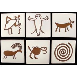 6 Mexican Petroglyph Designed Tiles
