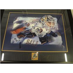 Tommy Salo, Oilers Framed/Autographed Poster with Gold Helmet Pin