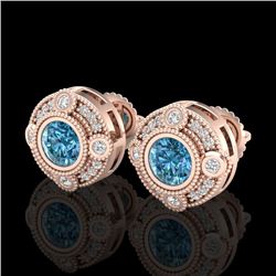1.5 CTW Fancy Intense Blue Diamond Art Deco Stud Earrings 18K Rose Gold - REF-178M2H - 37699