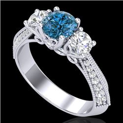 1.81 CTW Intense Blue Diamond Solitaire Art Deco 3 Stone Ring 18K White Gold - REF-236A4X - 38027