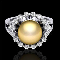 0.83 Ct Micro Pave VS/SI Diamond & Golden Pearl Halo Ring 18K White Gold - REF-85Y6K - 20702