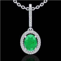 2 CTW Emerald & Micro Pave VS/SI Diamond Necklace Solitaire Halo 18K White Gold - REF-70F9N - 20658