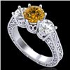 Image 1 : 2.01 CTW Intense Fancy Yellow Diamond Art Deco 3 Stone Ring 18K White Gold - REF-343W6F - 37581