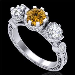 1.75 CTW Intense Fancy Yellow Diamond Art Deco 3 Stone Ring 18K White Gold - REF-227Y3K - 37882