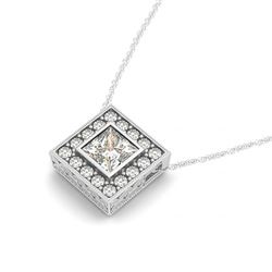0.72 CTW Princess Certified VS/SI Diamond Solitaire Halo Necklace 14K White Gold - REF-119A8X - 3023
