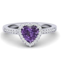 1 CTW Amethyst & Micro Pave Ring Heart Halo 14K White Gold - REF-33F6N - 21400