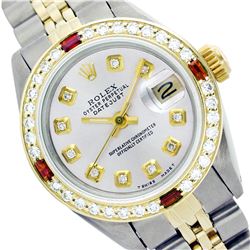 Rolex Ladies Two Tone 14K Gold/SS, Diam Dial & Diam/Ruby Bezel, Sapphire Crystal - REF-434X6Y