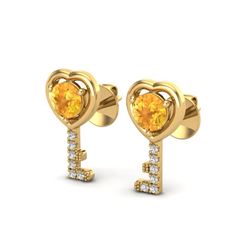 0.60 CTW Citrine & VS/SI Diamond Micro Pave Key Of Heart Earrings 14K Yellow Gold - REF-20T8M - 2266