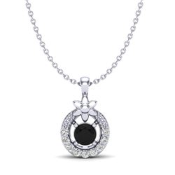 0.24 CTW Black & Micro Pave VS/SI Diamond Halo Solitaire Necklace 18K White Gold - REF-20X5T - 20359