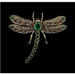 0.72 ctw Emerald, Ruby and Diamond Butterfly Brooch - 18KT Yellow Gold