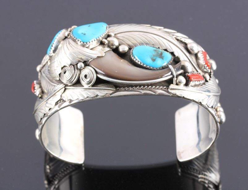Navajo Sterling Silver Turquoise Bear Claw Cuff